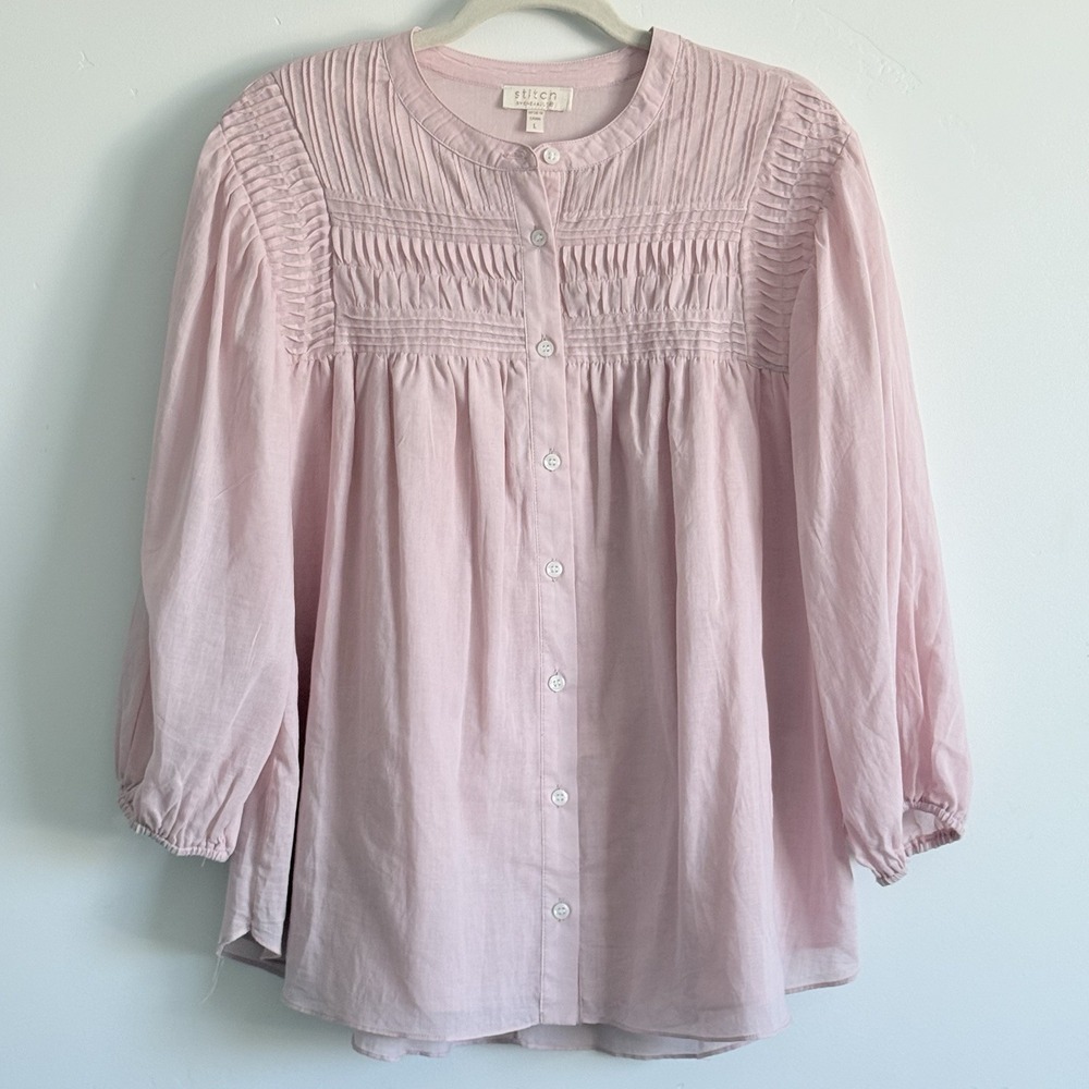 Soft Pink Button-Front Pintuck Blouse